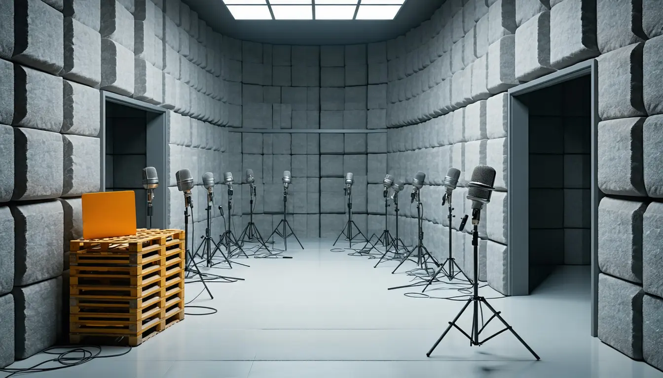 Illustration: Interior of an acoustic test booth: grey foam wedges cover every wall, a dense semicircle of small studio microphones on slim stands all aim at one empty pop shield where a mouth would be. The heavy booth door stands open, propped by a stacked crate of blank carbon-copy folders and a rubber stamp press; beyond the threshold the foam stops dead at bare tile, exposed ceiling ducts and a plain