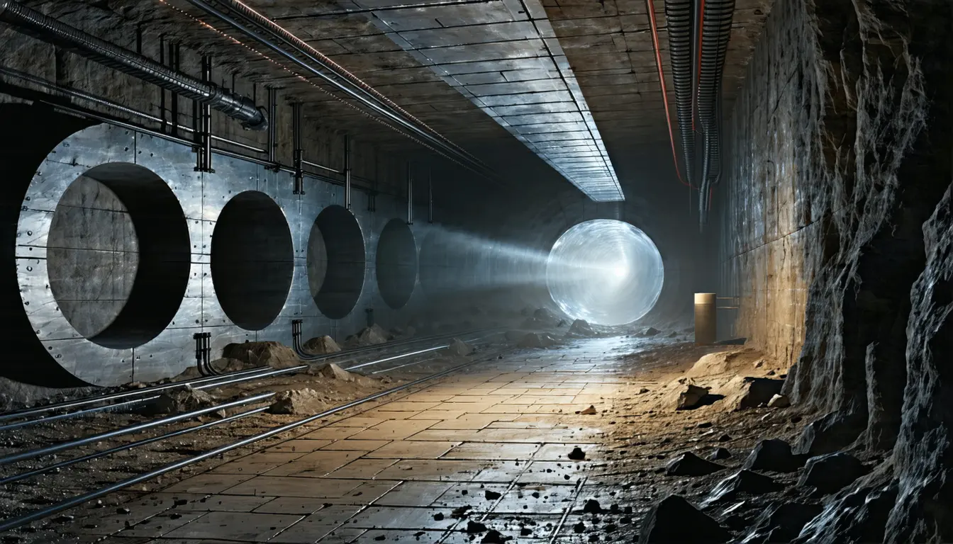 Illustration: Inside a lead-brick shielding cave on a nuclear physics beamline: a horizontal stainless beam pipe passes through three heavy lead collimator plates whose circular apertures step from wide, to middling, to tight, so the open channel narrows toward a small sealed quartz gas cell clamped in a bracket at the end. A cylindrical germanium detector snout leans in close to the cell, its cryostat cable