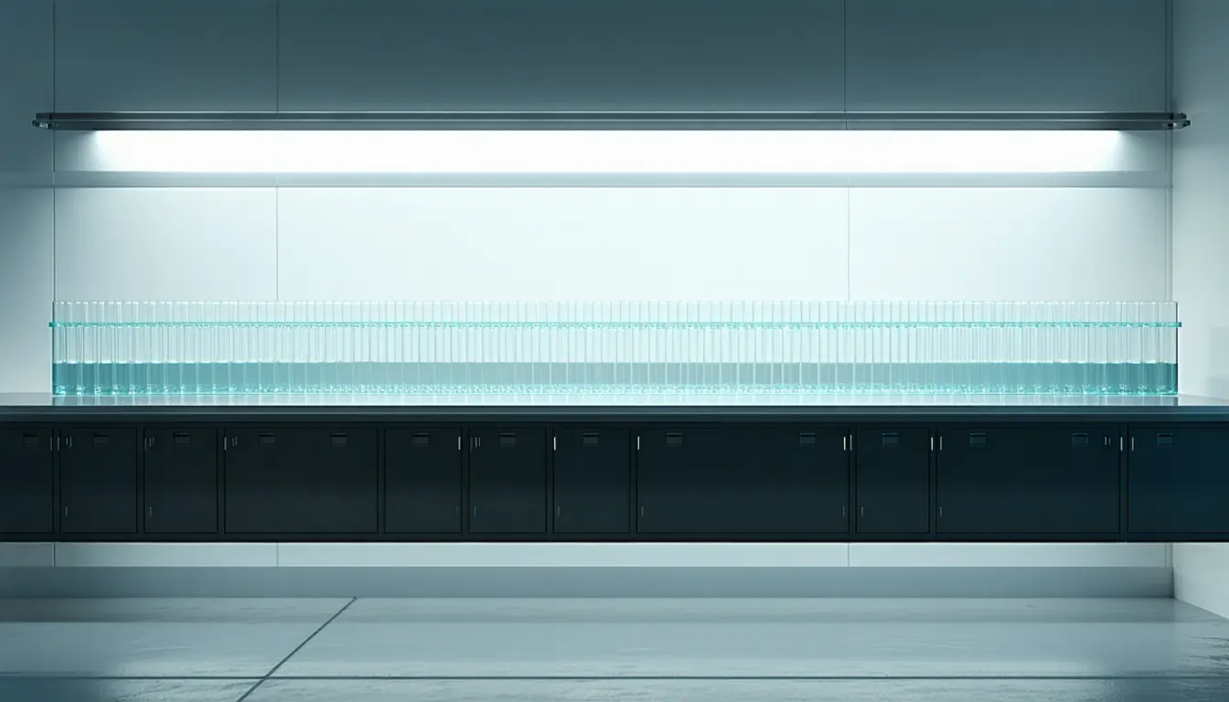 Illustration: A genomics lab bench, matte steel, under cool overhead light. Dozens of identical short glass capillary segments are laid end to end in a long line, reconstructing one continuous strand — but a wide stretch in the middle stays bare bench, the segments too short to bridge it. Beside that gap lie two brand-new instruments, a long fine-tipped forceps and a fresh sealed flow cell cartridge, both