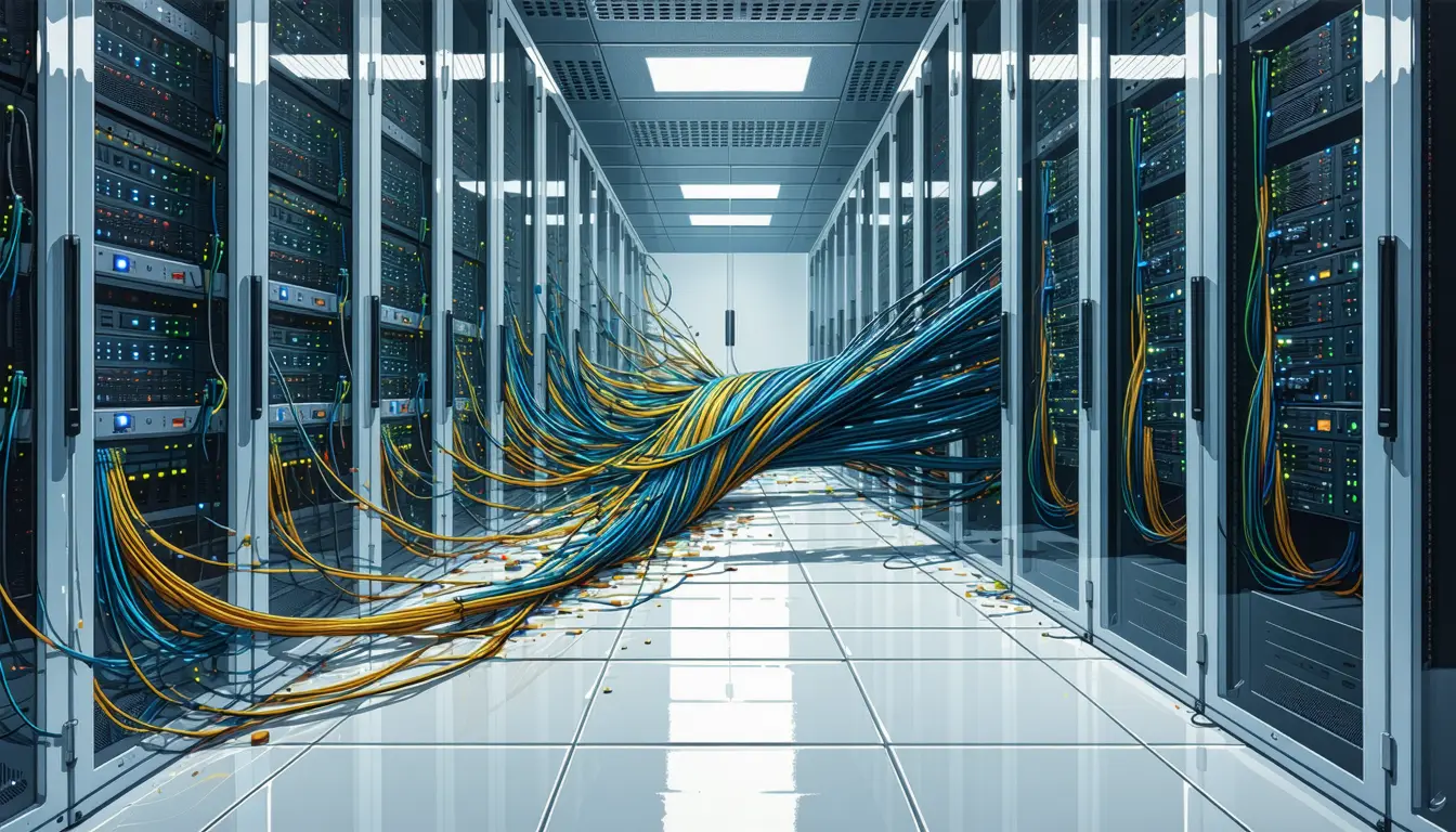 Illustration: A cold aisle between production server racks. Bolted into one rack bay is a sealed acrylic test enclosure with rubber gasket ports — a sandbox rig. Its pass-through seal has been cut open from inside; a bundle of patch cables spills out of the breach, crosses the perforated floor tile and disappears into the open rear of a live neighbouring rack thick with fiber and spinning fans. A small flat