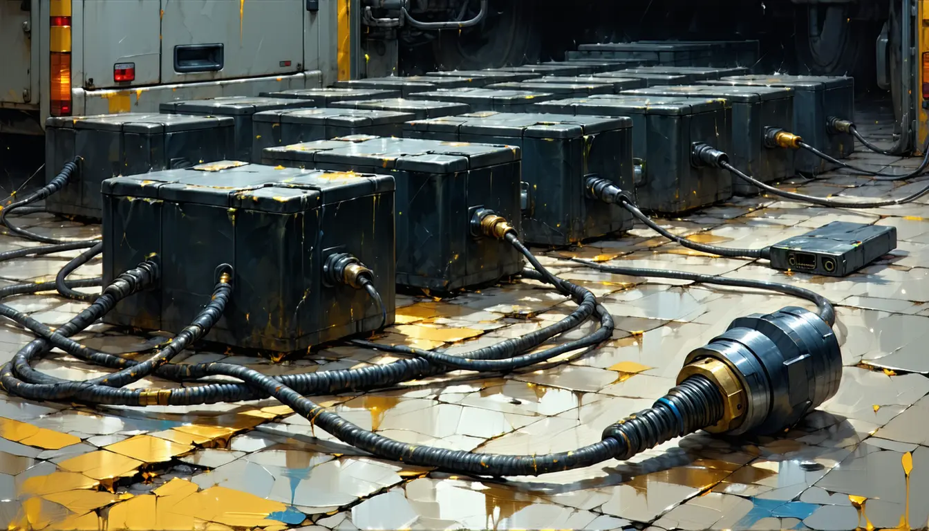 Illustration: A fleet garage workbench, oil-stained and scarred: two dozen identical black ELD telematics boxes laid out in ranks, each with a short coiled tail. Every tail braids into one thick harness ending in a single round nine-pin truck diagnostic plug resting in the bench vice. An identical spare plug lies loose apart from the harness near the bench edge, wired to nothing, pins clean and bright. Torque