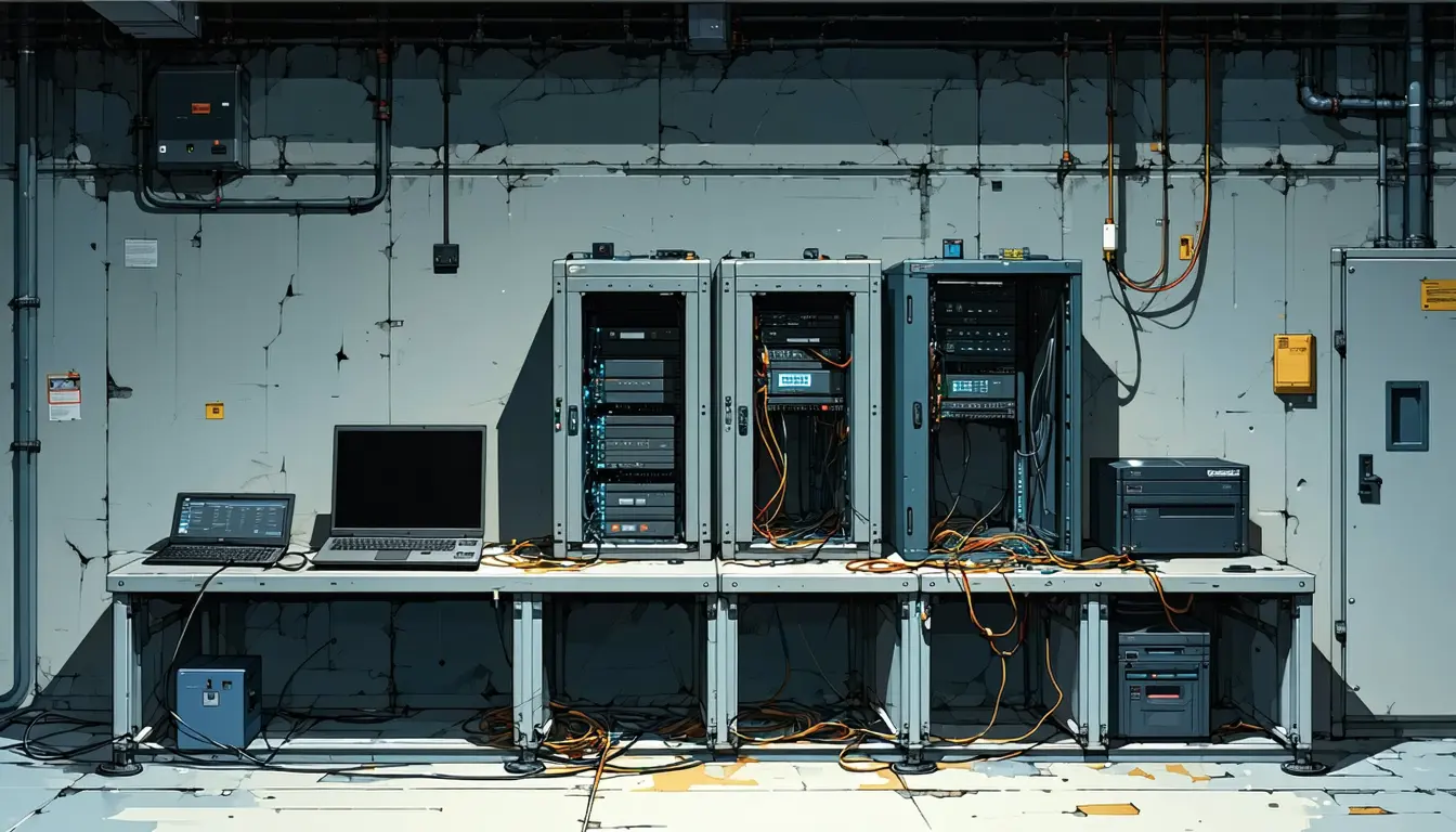Illustration: An incident-response bench in a data hall: one open forensic laptop chassis, lid back, sits at left with a write-blocker and a bare drive clipped to it. From its single evidence cable, four separate leads fan right along the scuffed steel bench and disappear into four opened enclosures standing in a row — a pulled server blade with its lid off, a prised-open door-access card reader trailing wall