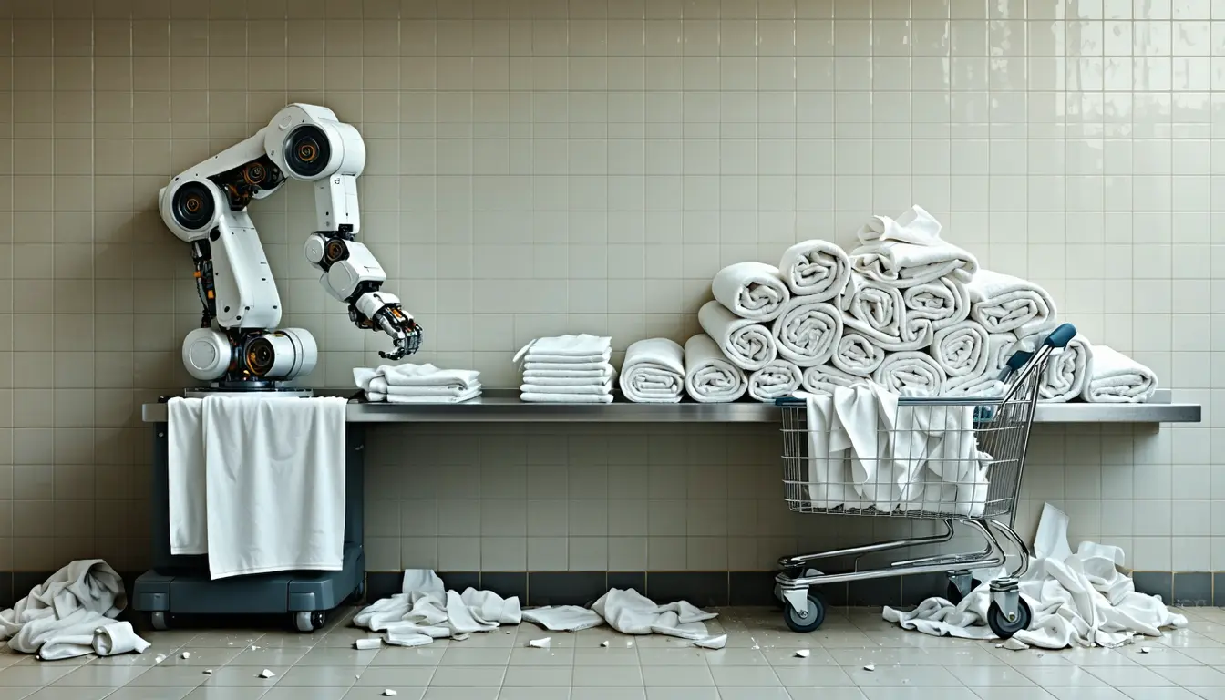 Illustration accompanying OS3 prices hotel towel folding at $2.50 an hour on hardware it built down to the actuators