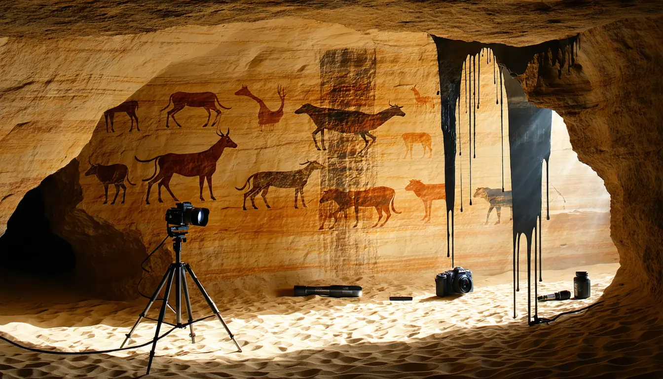 Illustration accompanying Rephotographing the panel shows the San 'dicynodont tusks' are a smear of black paint