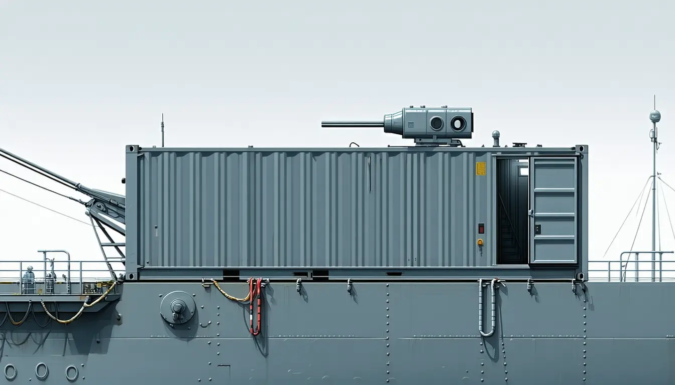 Illustration accompanying The Navy's laser road map starts with a container bolted onto a hull it already owns