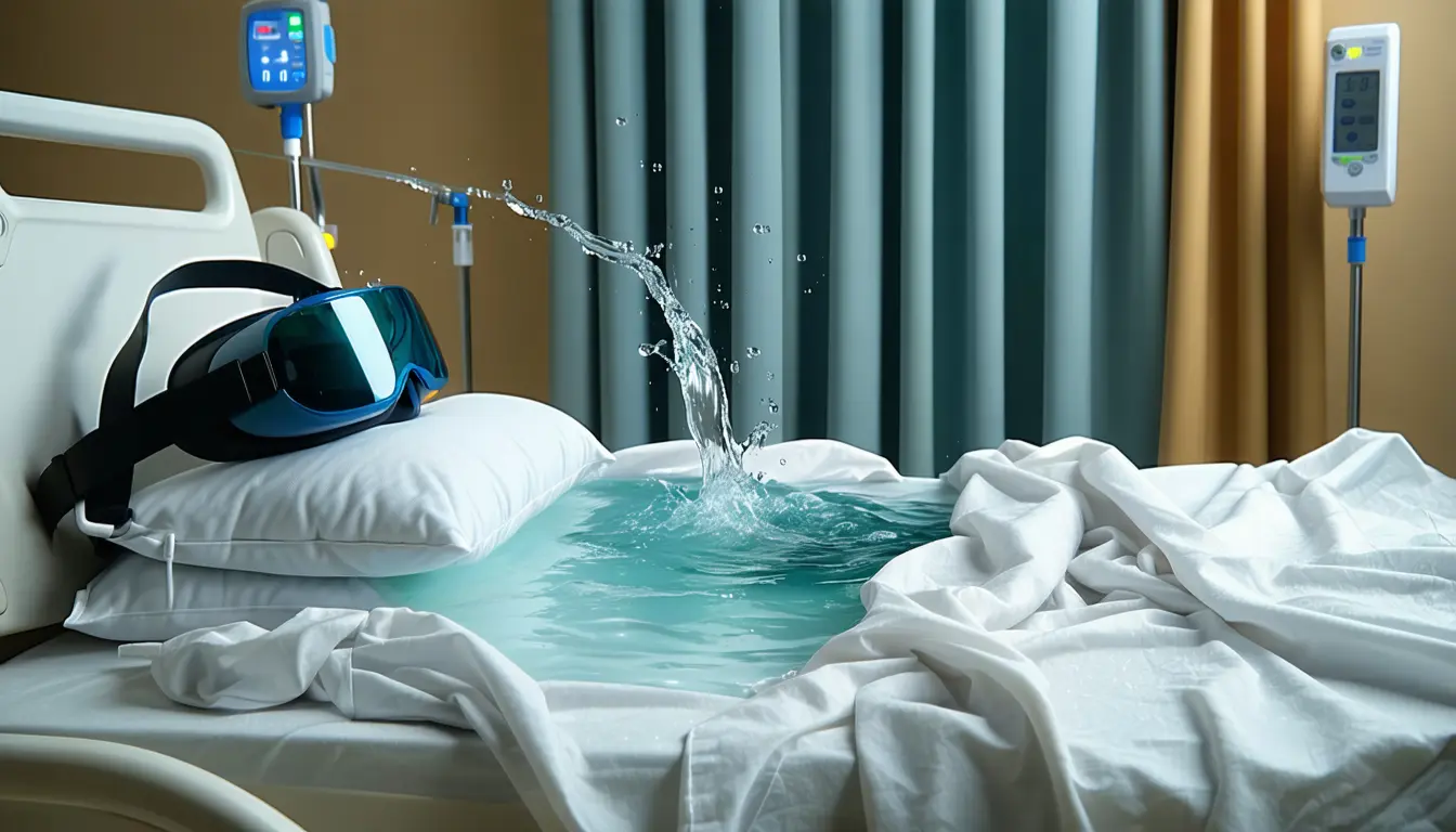 Illustration accompanying VR river footage and classical music deepened emergency patients' early blood pressure drop by 4 mmHg