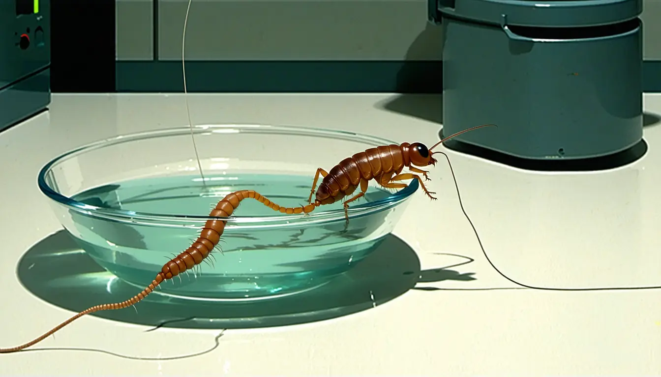 Illustration accompanying RNA study tracks thousands of gene changes linked to worm's influence on earwigs' water-seeking behavior