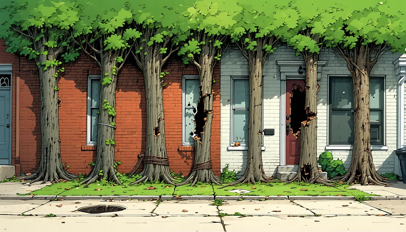 Illustration accompanying Damaged trees cluster in the poorest, most diverse neighborhoods of 29 US cities