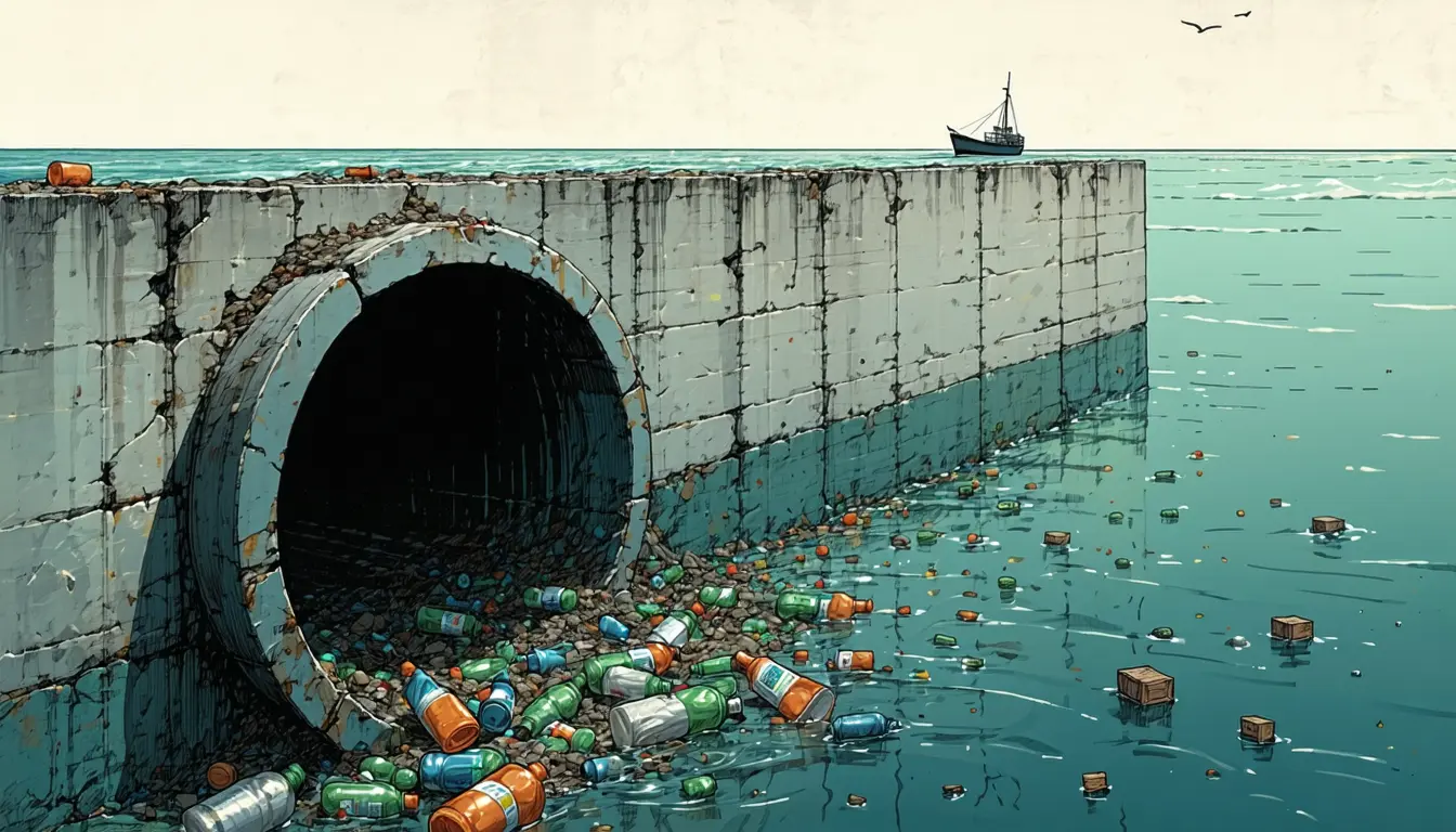 Illustration accompanying Plastic already at sea keeps microplastics building even if new inputs end by 2050, model finds
