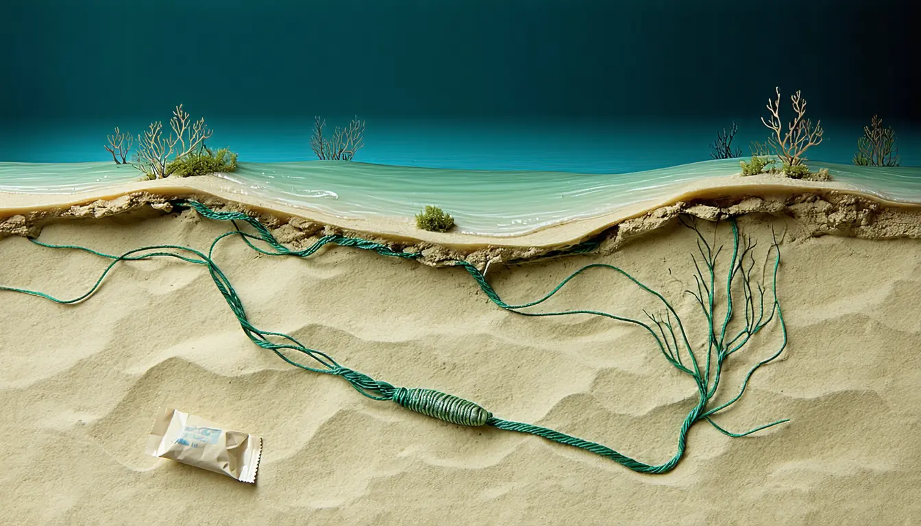 Illustration accompanying Fishing gear and food packaging litter both a Salinas beach and the Pacific floor 3,900 metres down