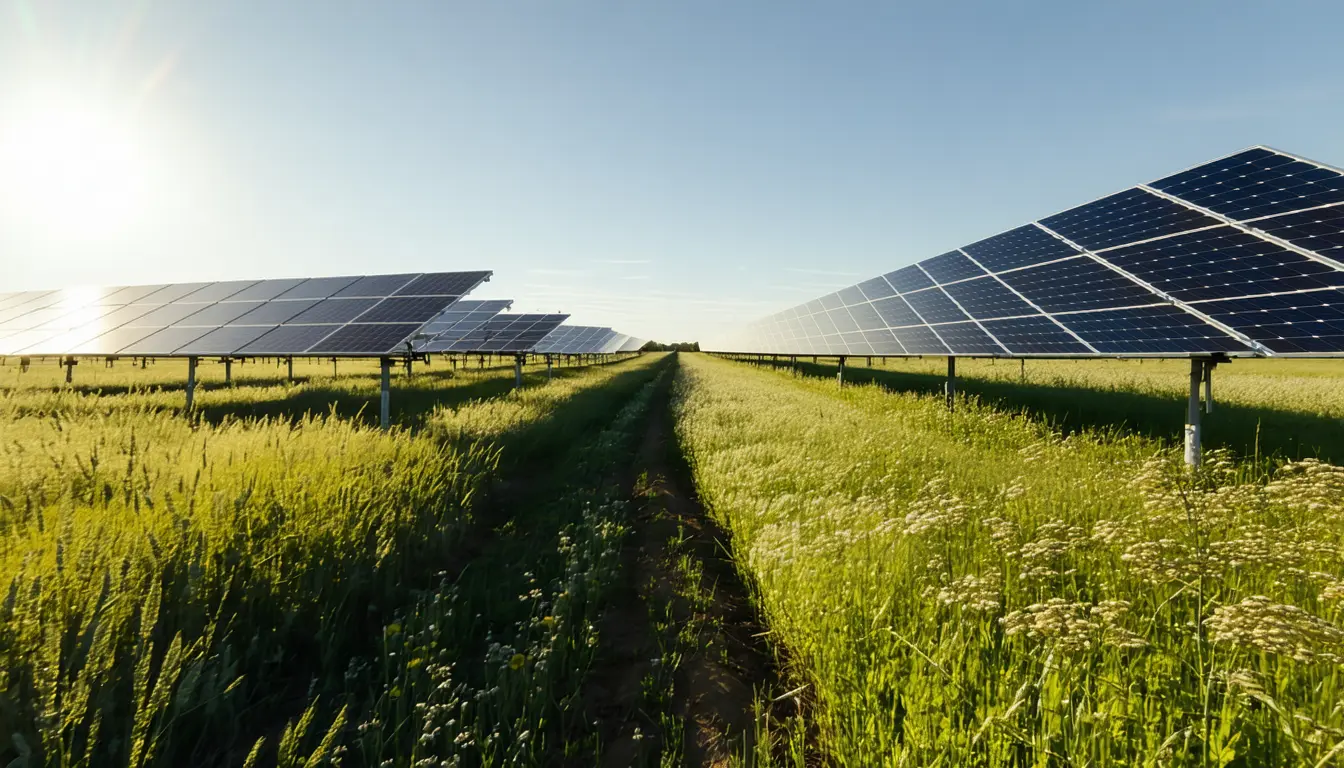Illustration accompanying Seeded native grasses split between shade and sun beneath an Edmonton solar farm