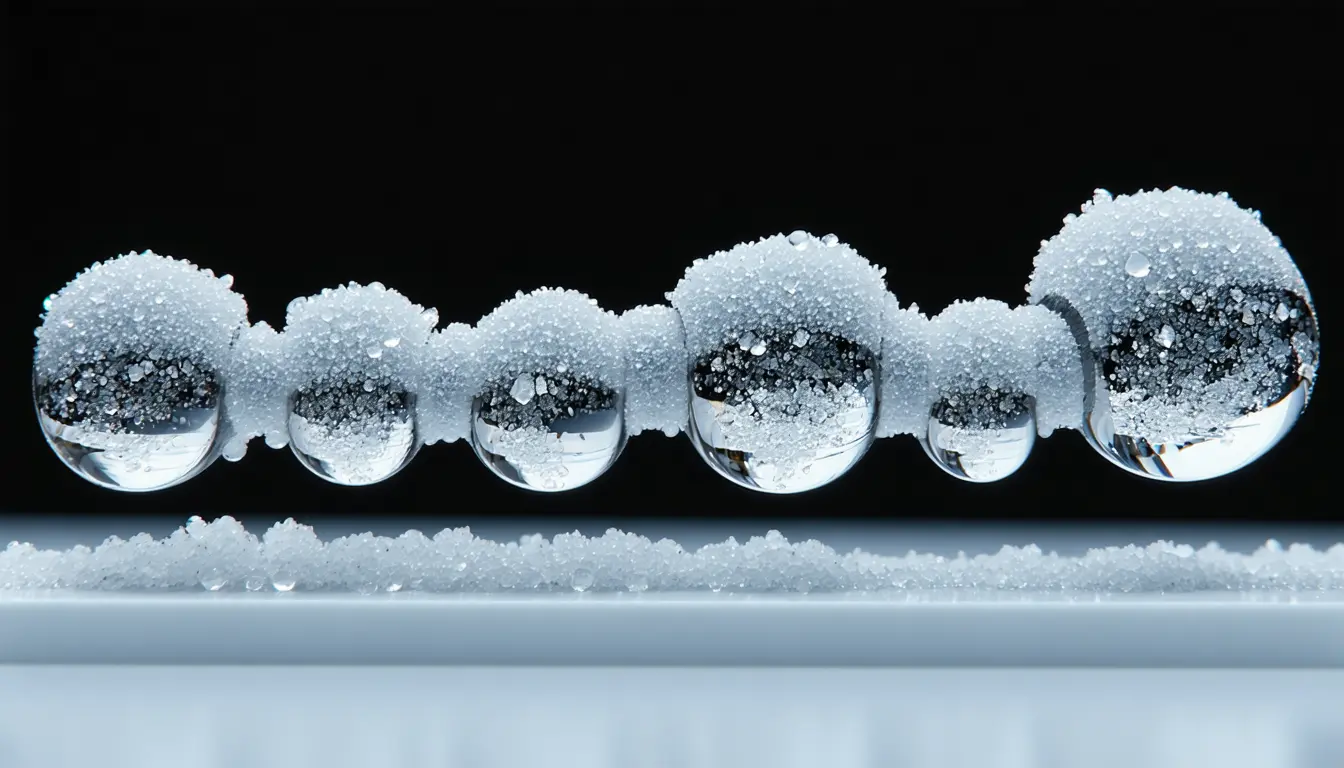 Illustration accompanying Slow-frozen lab droplets sort their salts in a way that could explain Cassini's Enceladus grains