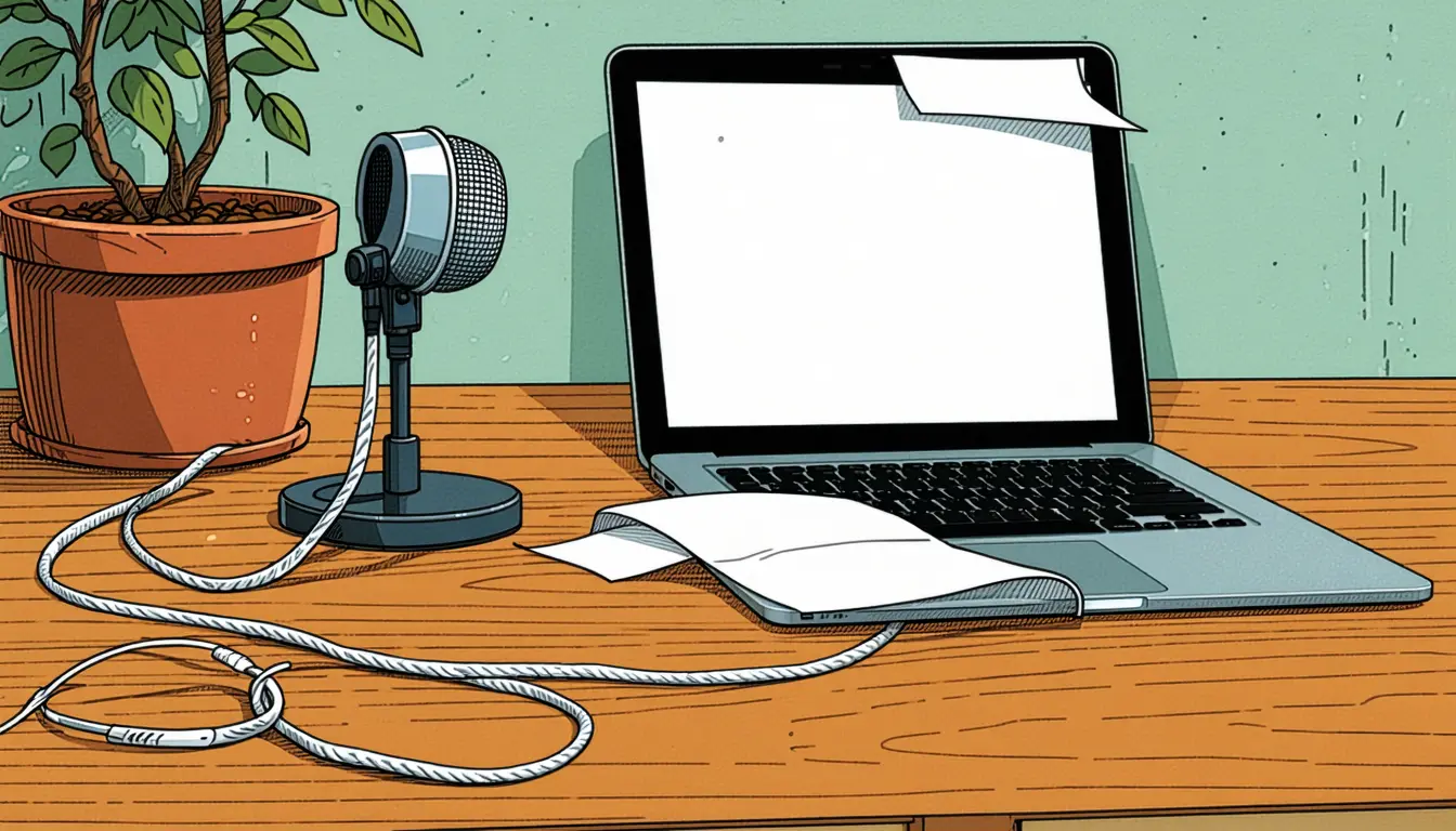 Illustration accompanying SuperWhisper's open-weight S1-mini cleans up raw speech transcripts offline on a laptop CPU