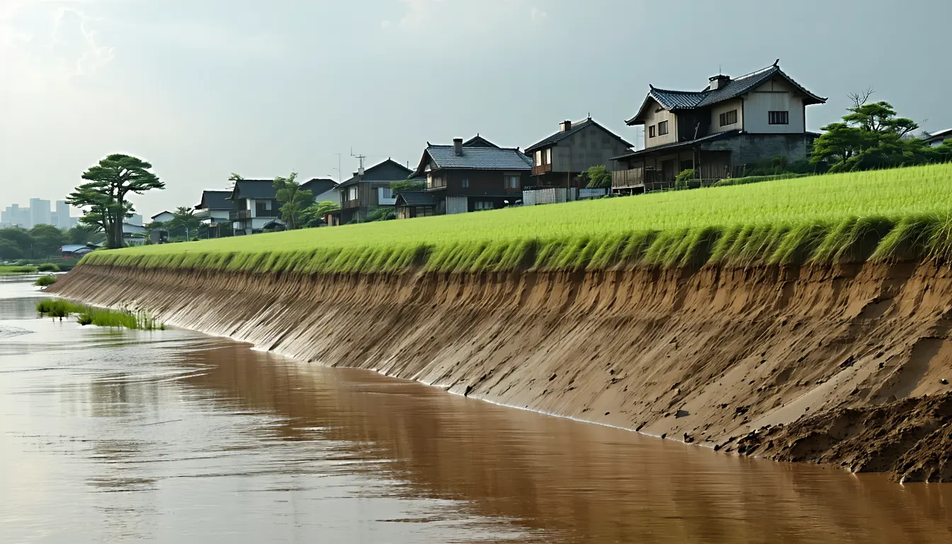 Illustration accompanying Tohoku researchers tie a 110% rise in flood-exposed settlement in Marumori to false confidence in levees