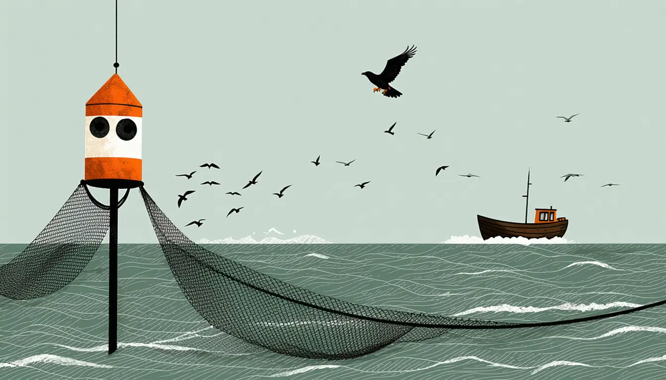 Illustration accompanying Bird-of-prey kites and spinning eye buoys cut seabird bycatch in Cornish gillnets by about two-thirds