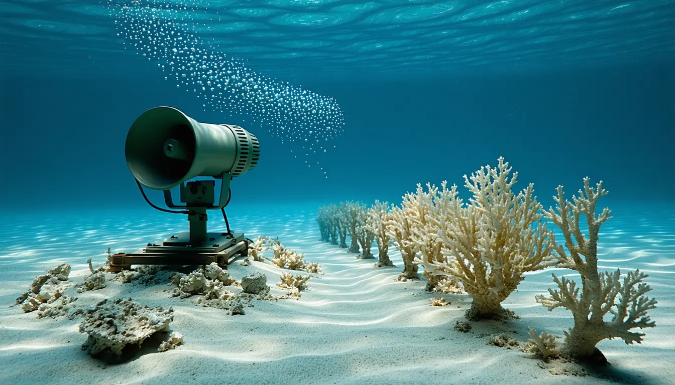 Illustration accompanying Woods Hole broadcasts healthy-reef sounds to draw coral larvae onto damaged Caribbean reefs