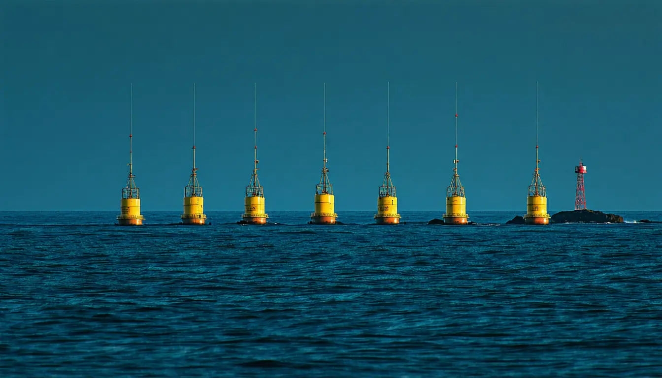 Illustration accompanying Six deep-ocean buoys recorded the Pacific oscillating for more than ten hours after the Kamchatka tsunami