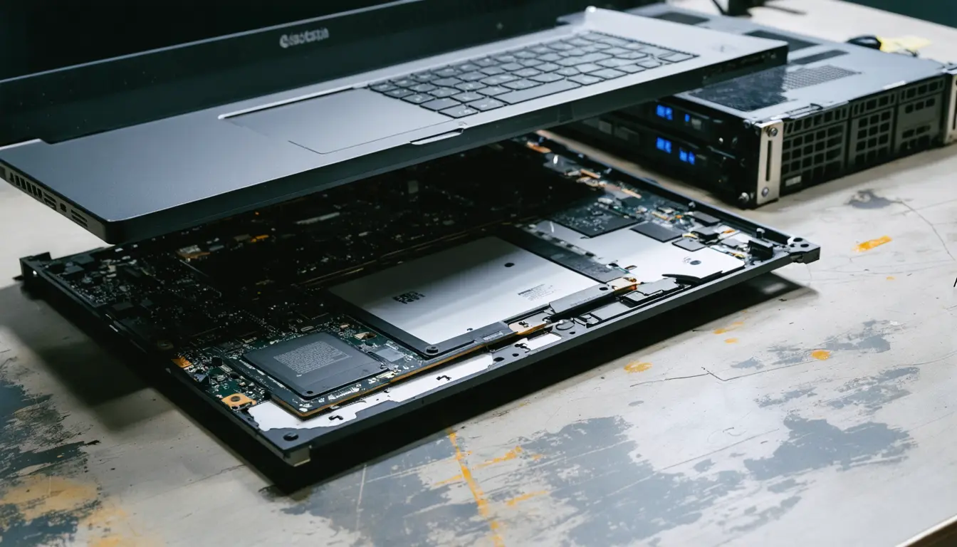 Illustration accompanying VIDRAFT's 4-bit Darwin-180B build streams most of its weights from SSD on a 40 GB laptop