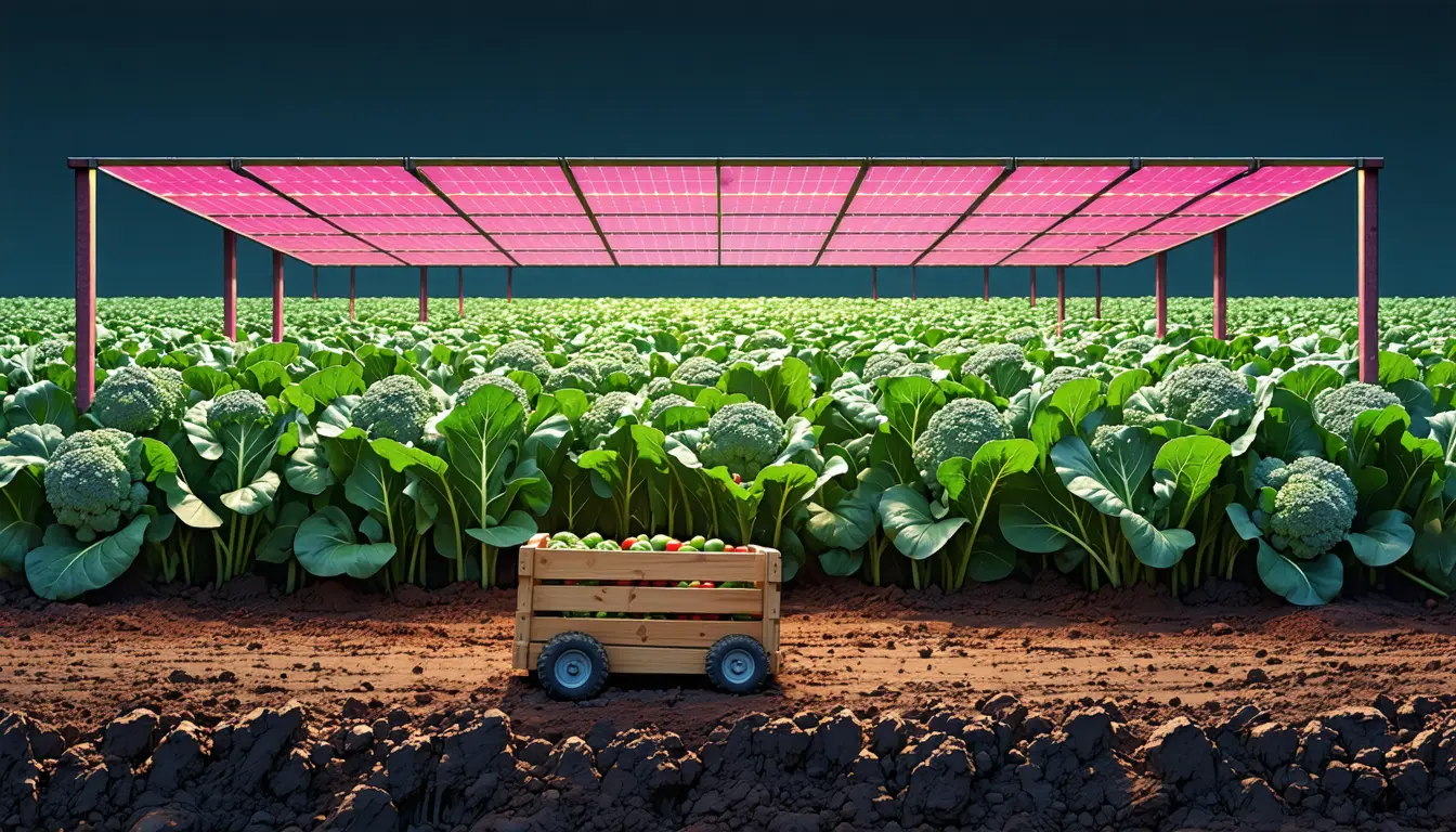 Illustration accompanying Broccoli under magenta solar panels took 25 days longer to mature in a Swedish trial