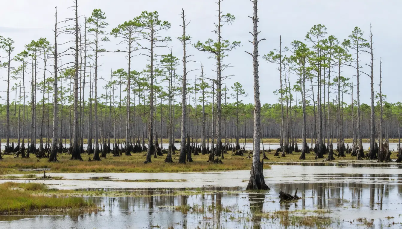 Illustration accompanying North Carolina's coastal forest gave way to marsh and ghost forest three times faster per year after 2010
