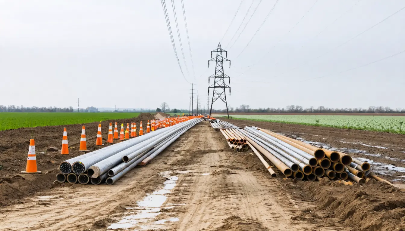 Illustration accompanying Bipartisan permitting bill would speed power lines and pipelines alike for the AI build-out